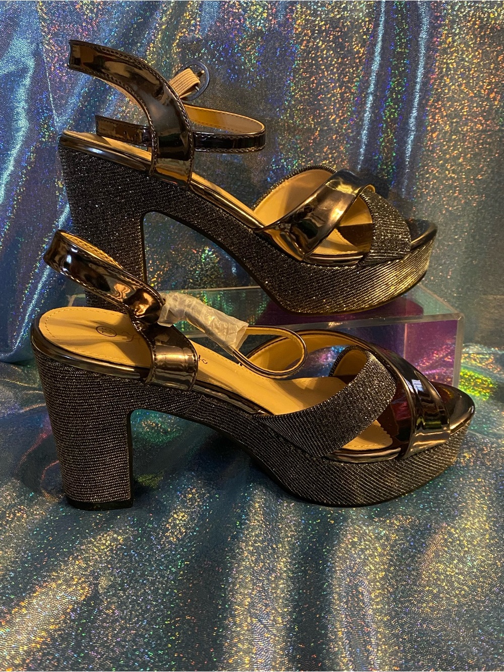 Black Platform Block Heel Sandals with Shimmery Straps